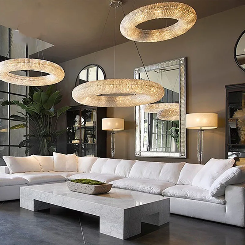 

Nordic Modern Led Halo Crystal Pendant Light Beaded Ring Gold Metal Chrome Chandelier Home Decor Suspension Lighting Fixture
