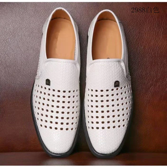 Leather Shoes Summer New Style White Mens Dress Shoes Hollow Out Business Mens Summer Dress Sandals Slip on Flat Shoes