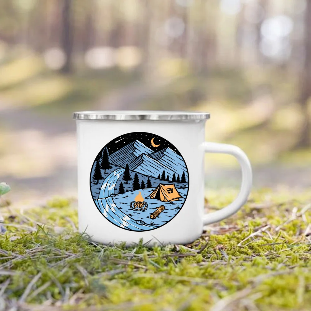 ムーンサンマウンテンプリントキャンプエナメルマグ冒険キャンプ