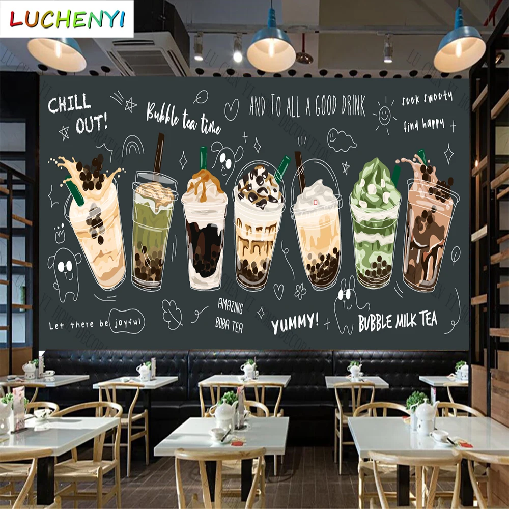 

Custom bubble tea ice cream fruit juice mural wallpaper restaurant cold drinking shop dining room wall papers home decor sticker