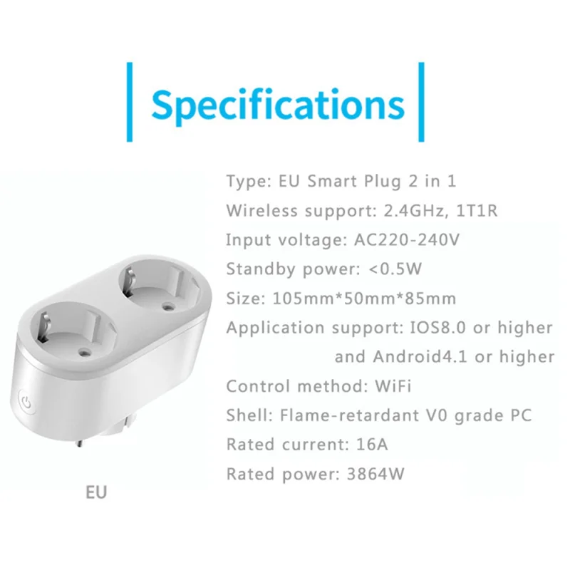 Wifi 지능형 듀얼 소켓 EU 어댑터 Tuya 스마트 라이프 모니터링 전원 콘센트 EU 플러그