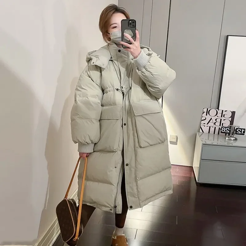 Winter Korean  Hooded White Duck Goose Down Down Long Down Padding Coat Women's Loose Commuter Thickened Padded Jacket Coat