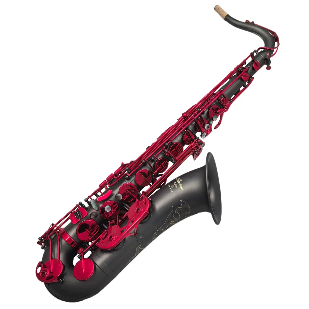Eastern Music Imperium Professional Matte Black Tenor Saxophone with Red Lacquered Keys &ndash; Bb Key &ndash; High F# Italian Pads
