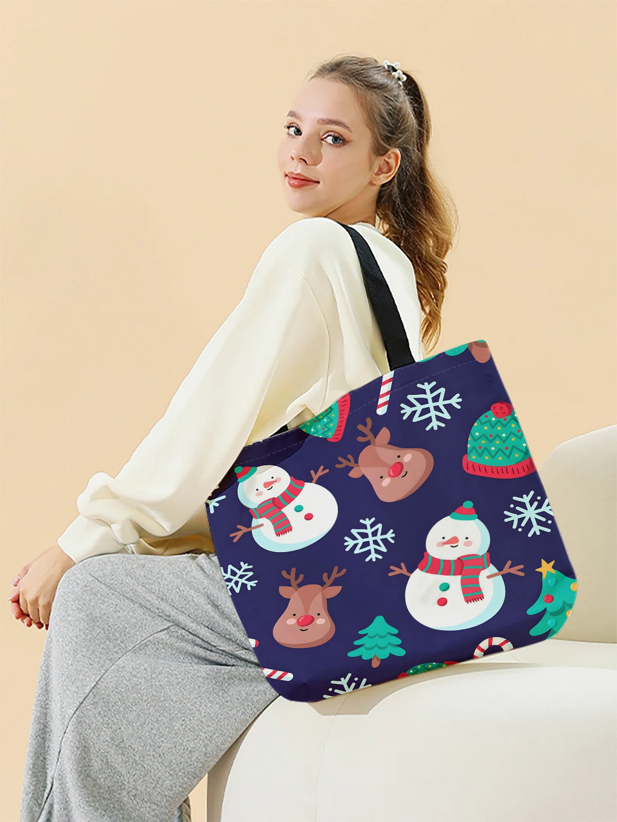 Christmas themed printed casual handbag, reusable fashionable backpack, multifunctional handbag, canvas shopping bag