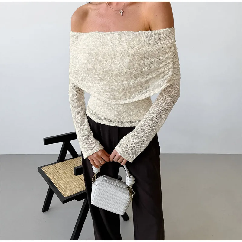 Camisa elegante con hombros descubiertos para mujer, de punto, lisa, de manga larga, sin espalda, ajustada, blusa de oficina para primavera y verano 2025.