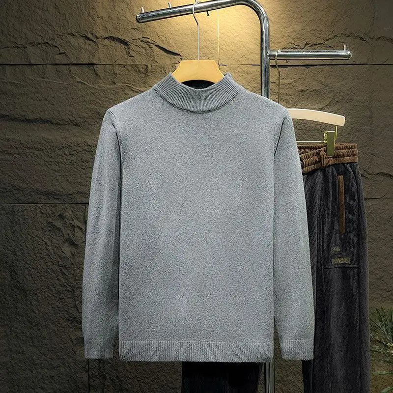 Autumn Winter Men's Clothing Solid Color Pullover Sweater Knitted Half High Collar Screw Thread Flocking Boyfriend Retro Tops 3