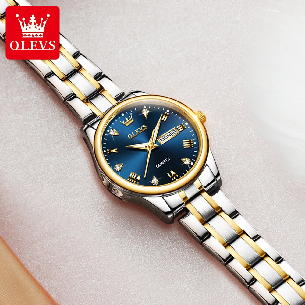OLEVS Brand New Fashion Quartz Watch Women Waterproof Classic Week Date Luxury Womens Watches Stainless Steel Blue Wristwatch