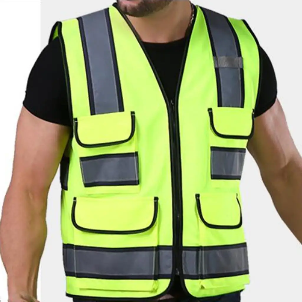 Multi Pockets High Visibility Zipper Front Vest With Reflective Strips, Premium Style-E