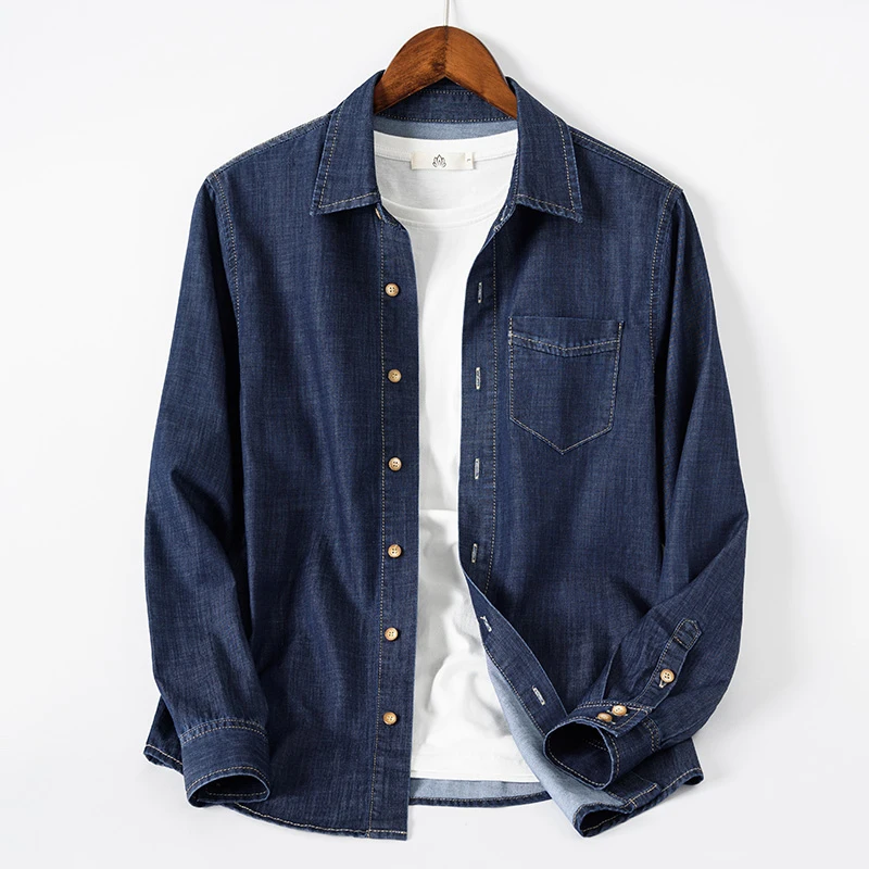 

Spring Men's Casual Thin Light Blue Denim Shirt Modal Fabric Long Sleeve Jeans Shirt Black Dark Blue Male Brand Clothes