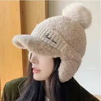 Fashion Solid Color Warm Earmuffs Cap Windproof Thick Pompom Plush Beanie Versatile Thermal Ear Flap Protection Hat Winter