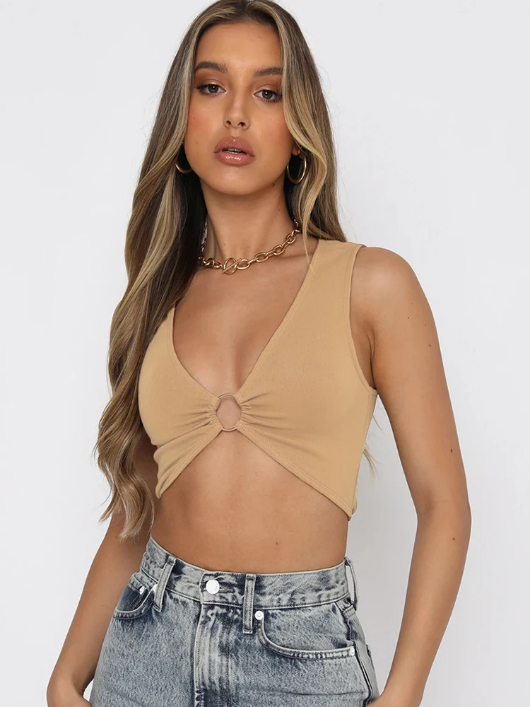 

Fashion Summer Woman Vest Tops Casual V-neck Solid Metal Ring Cut Out Slim Sexy Y2K Sleeveless Streetwear