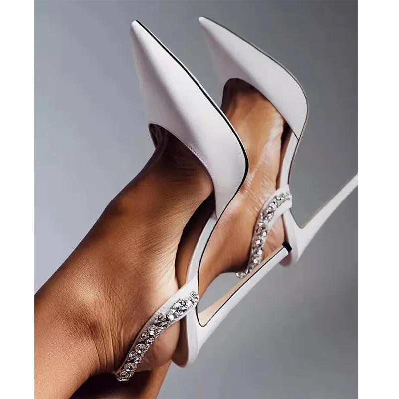 2025 Bling Crystal Ankle Strap Pumps for Women Sexy Pointed Toe Thin Heel Party Shoes Ladies Black White Pu Leather High Heels 6