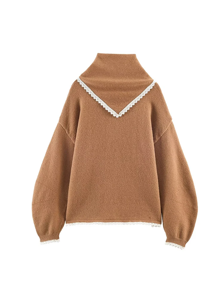 Woman Winter Sweater Round Neck Loose Fit Scarf Decoration Casual Knit Pullover Top Fashion Long Sleeve Knit Sweater Lady New