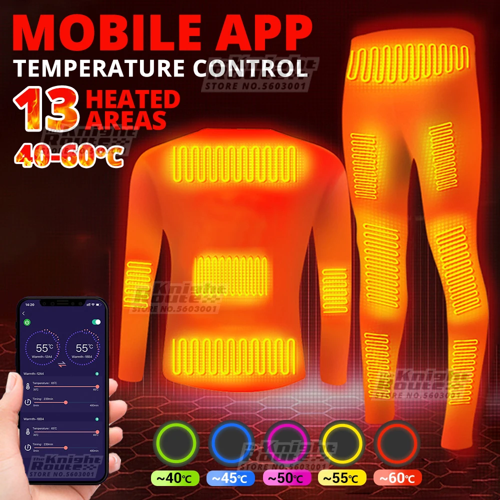 

13 Areas Winter Heated Thermal Underwear Set Women Heating Underwear Men's USB Smart Phone APP Bike Jacket Outdoor Warm Control