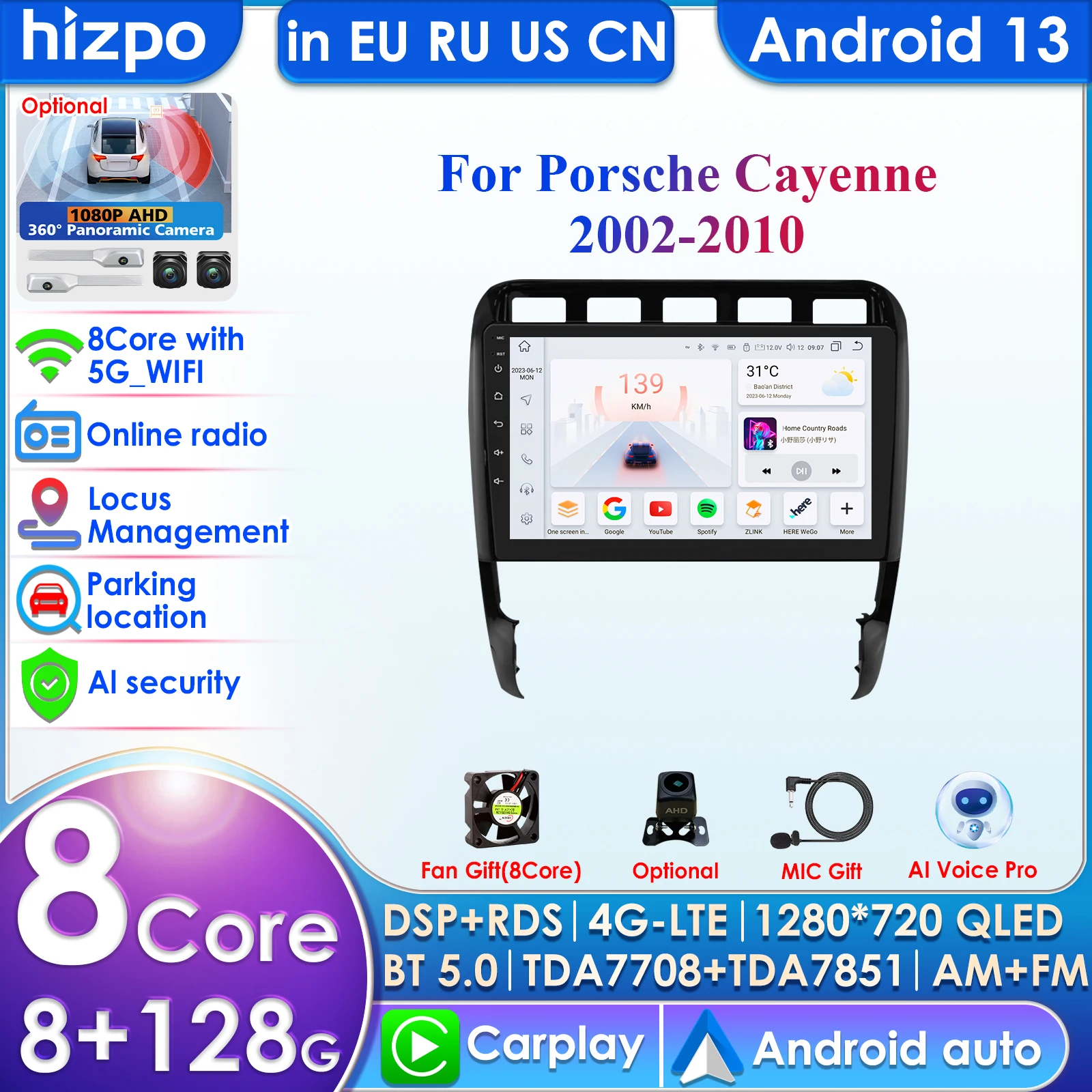 2+32G Lecteur Multimédia De Voiture Android Pour Porsche Cayenne 2002 -2010 GPS Navi Stéréo Audio Tête Unité AutoRadio Carplay 2din - Auto