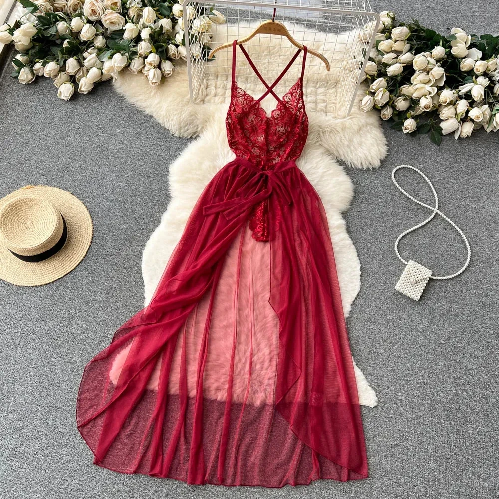 Sexy Red Skirt Sets In Women's Secret Clothing Slim Lace Bodysuit Lace Up Irrergular Skirt Pajama Set Lady's Erotic Lingerie