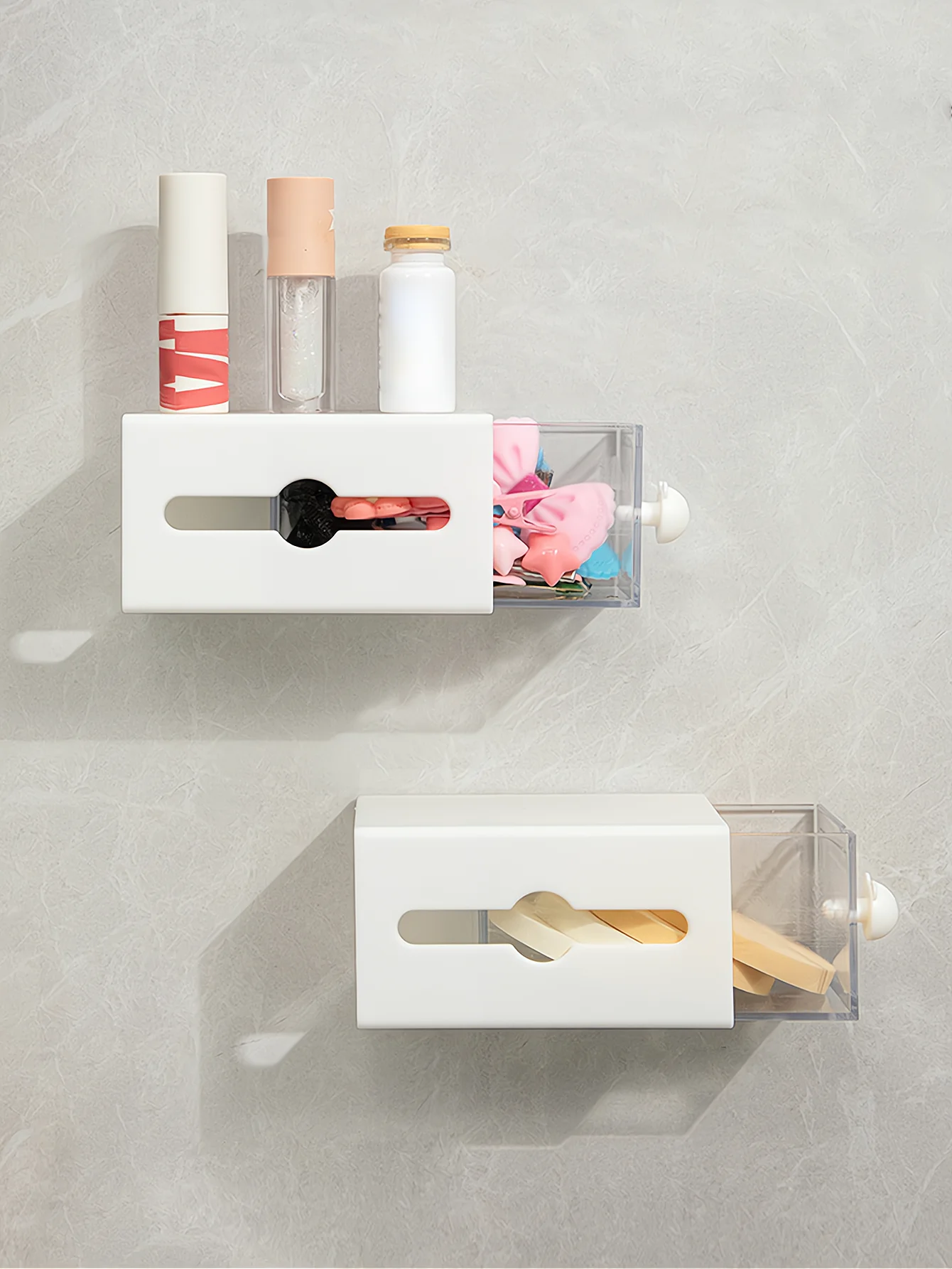 1/2pcs Non Perforated Wall Storage Box Rectangular White Transparent Two-way Drawer Cotton Swab Bathroom Headband Hair Loop Mini 3