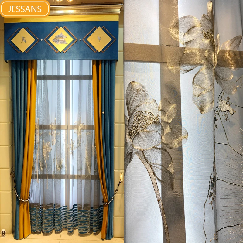 

New Chinese Blue Lotus Embroidery Window Screen Velvet Patched Curtains for Living Room Bedroom French Window Study Customized