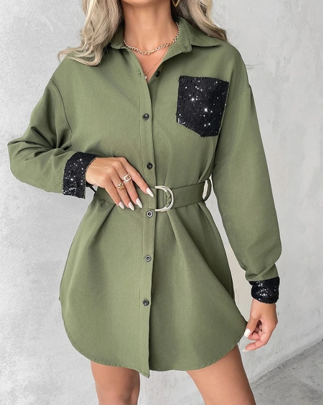 Womens Dresses Spring Fashion Sequins Button Design Long Sleeve Casual Turn-Down Collar Daily Mini Shirt Dress Woman Clothing