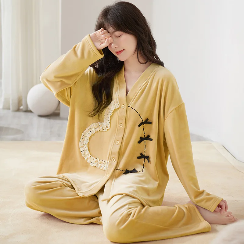 Winter new products in stock, warm island velvet women's pajamas, solid color long sleeved pants, suitable for outdoor wear in h