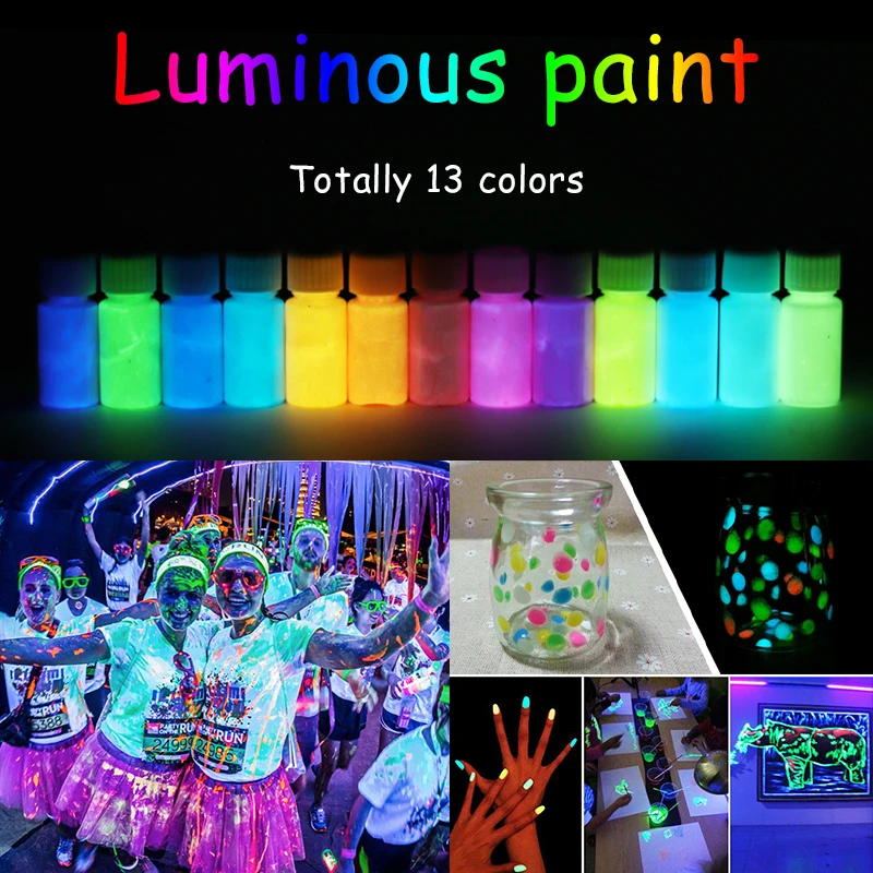 12 Bottle Fluorescent Paint New Neon Luminous Acrylic Paint Glow in the  Dark Pigment Set & 2 Brush For Paper Plaster Walls - AliExpress