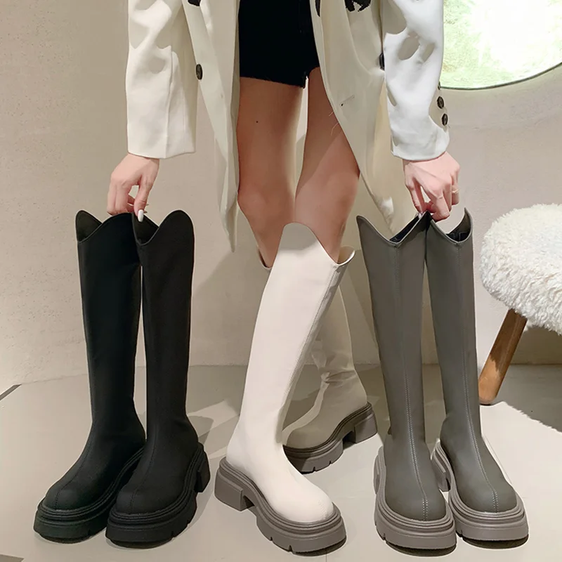 

Ботинки женские на высоком каблуке, Сапоги выше колена, с круглым носком, на резиновой подошве, пикантная зимняя обувь, белые, Осень-зима