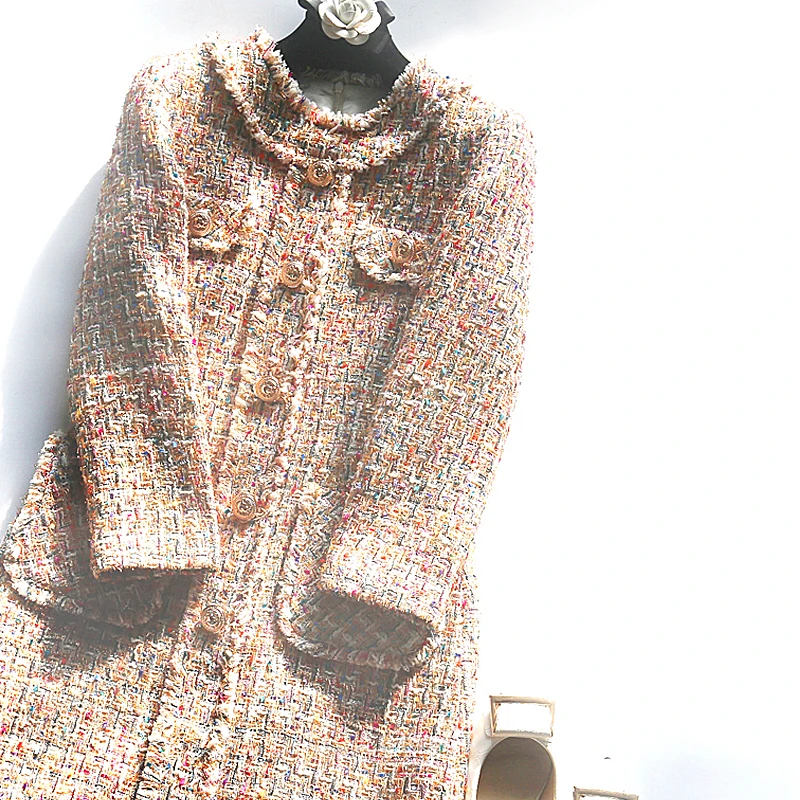 Spring Autumn Women Long Sleeve Fringe Tassel Buttons Tweed Dresses