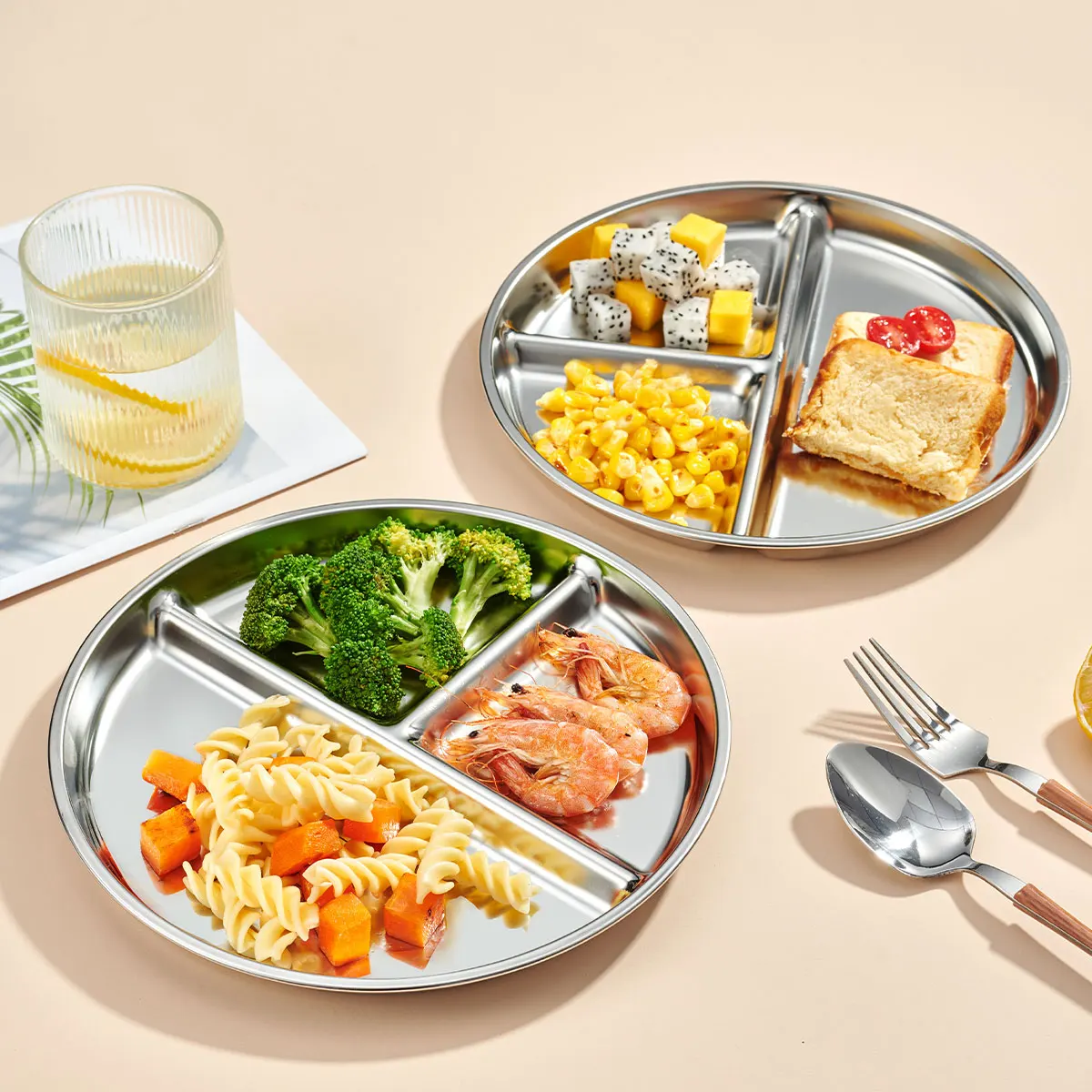 Round Dinner Plate With Compartments 304 Stainless Steel Divided Dinner Dish Fruit Salad Food Plates Kitchen Tableware