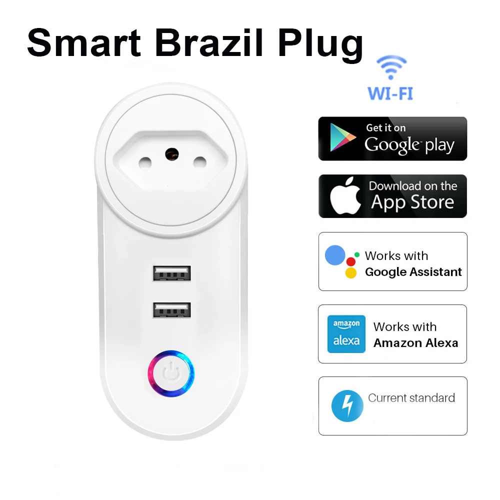 ปลั๊กสมาร์ทไร้สาย BR Wifi บราซิลซ็อกเก็ต 16A TUYA พร้อมพอร์ตชาร์จ USB 2 พอร์ต Outlet ทํางานร่วมกับ Alexa Google Home 1
