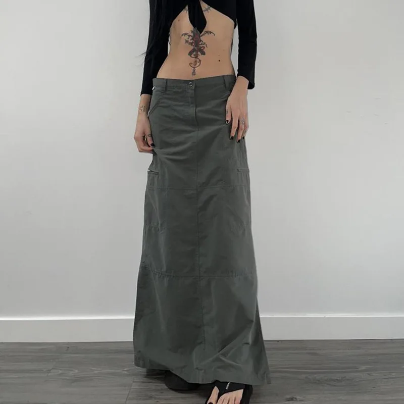 

Y2K Cargo Skirt American Retro Street Style Longuette Old Washed Low Waist All-match Skirt Irregular Split Casual Long Skirt