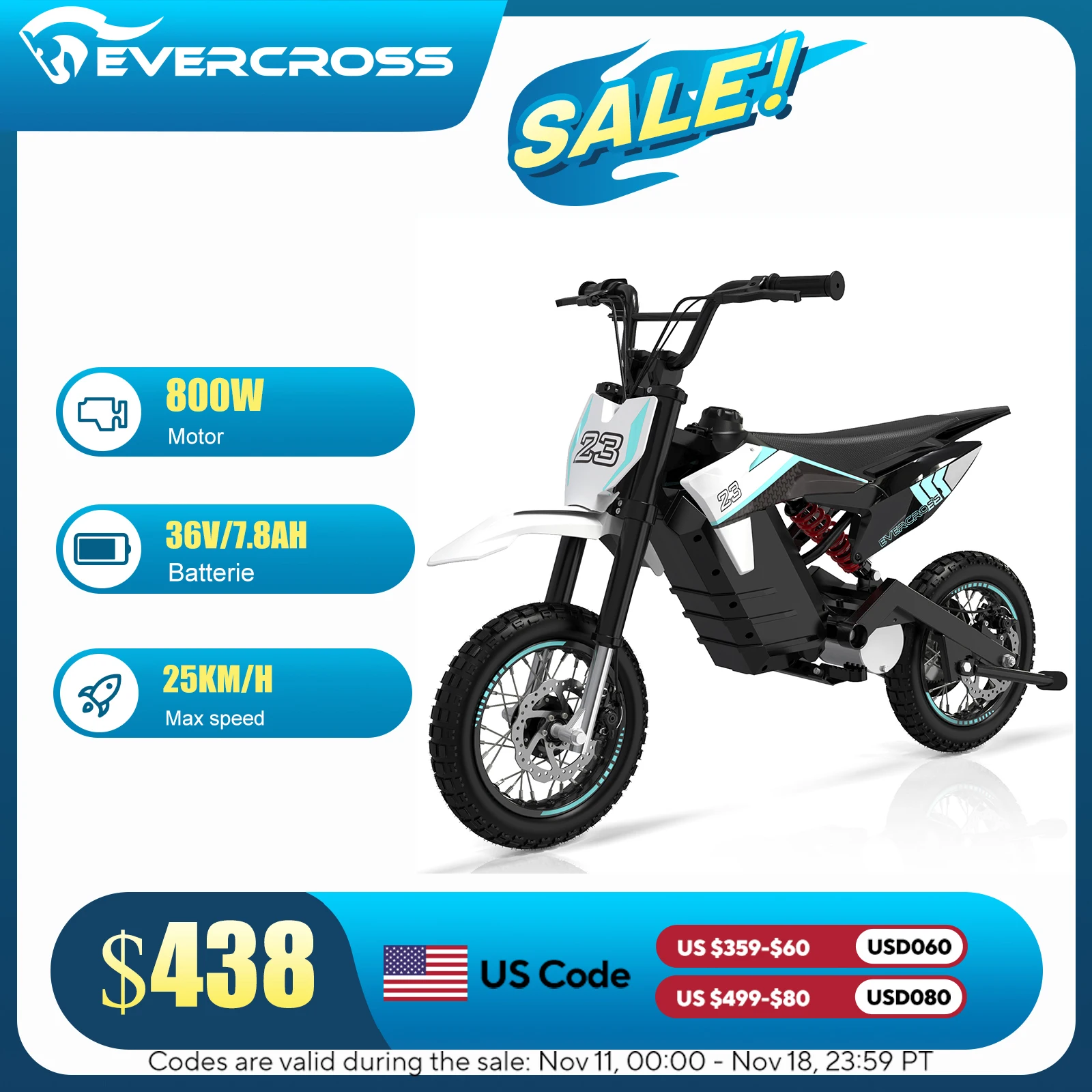 EVERCROSS EV65M Electric Dirt Bike,800W Electric Motorcycle,19MPH & 12.4 Miles Long-Range,3-Speed Modes Motorcycle for Teenagers