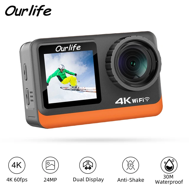 Ourlife 4K60FPS Action Camera 2.0 Touch IPS Screen 24MP Wi-Fi 170D EIS 30M Waterproof Helmet Webcam 4X Zoom Optional 6 Filters