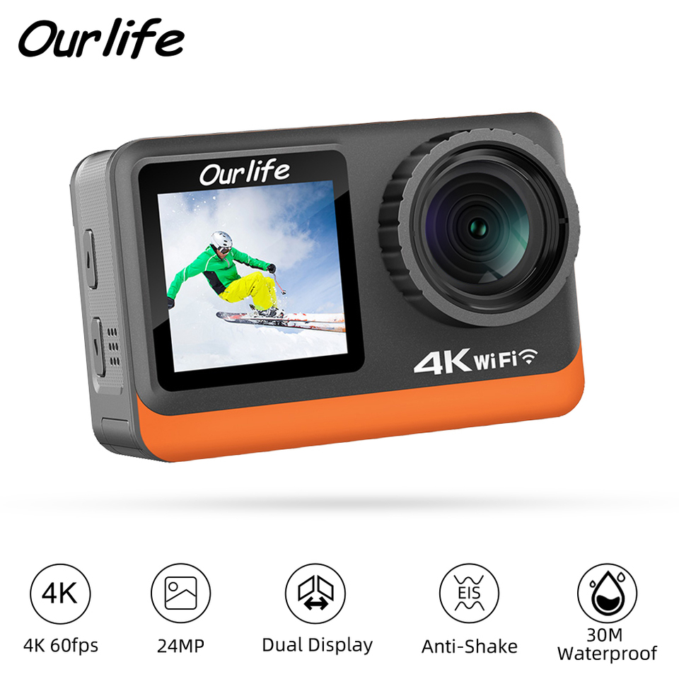 Ourlife 4K60FPS Action Camera 2.0 Touch IPS Screen 24MP Wi-Fi 170D EIS 30M Waterproof Helmet Webcam 4X Zoom Optional 6 Filters