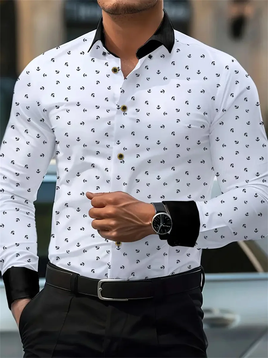 New Men's Fashion Anchor Print Contrast Color Lapel Long Sleeve Shirt Business Casual Slim Fit Non-iron Versatile Shirt XS-6XL