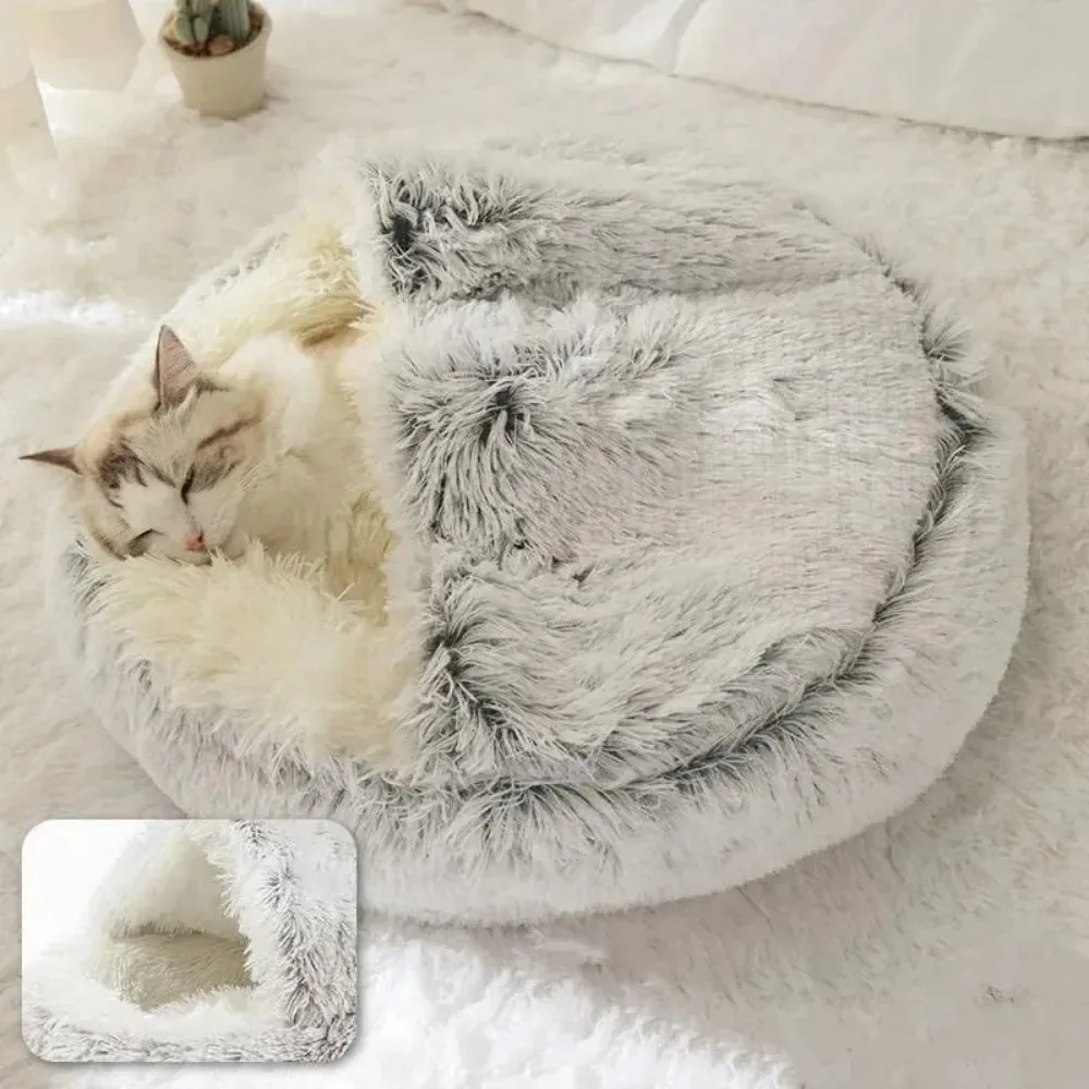 Cama redonda de felpa suave para gatos, cama larga de felpa cálida y cómoda para invierno, nido redondo semicerrado para gatos, saco de dormir para perros pequeños 2