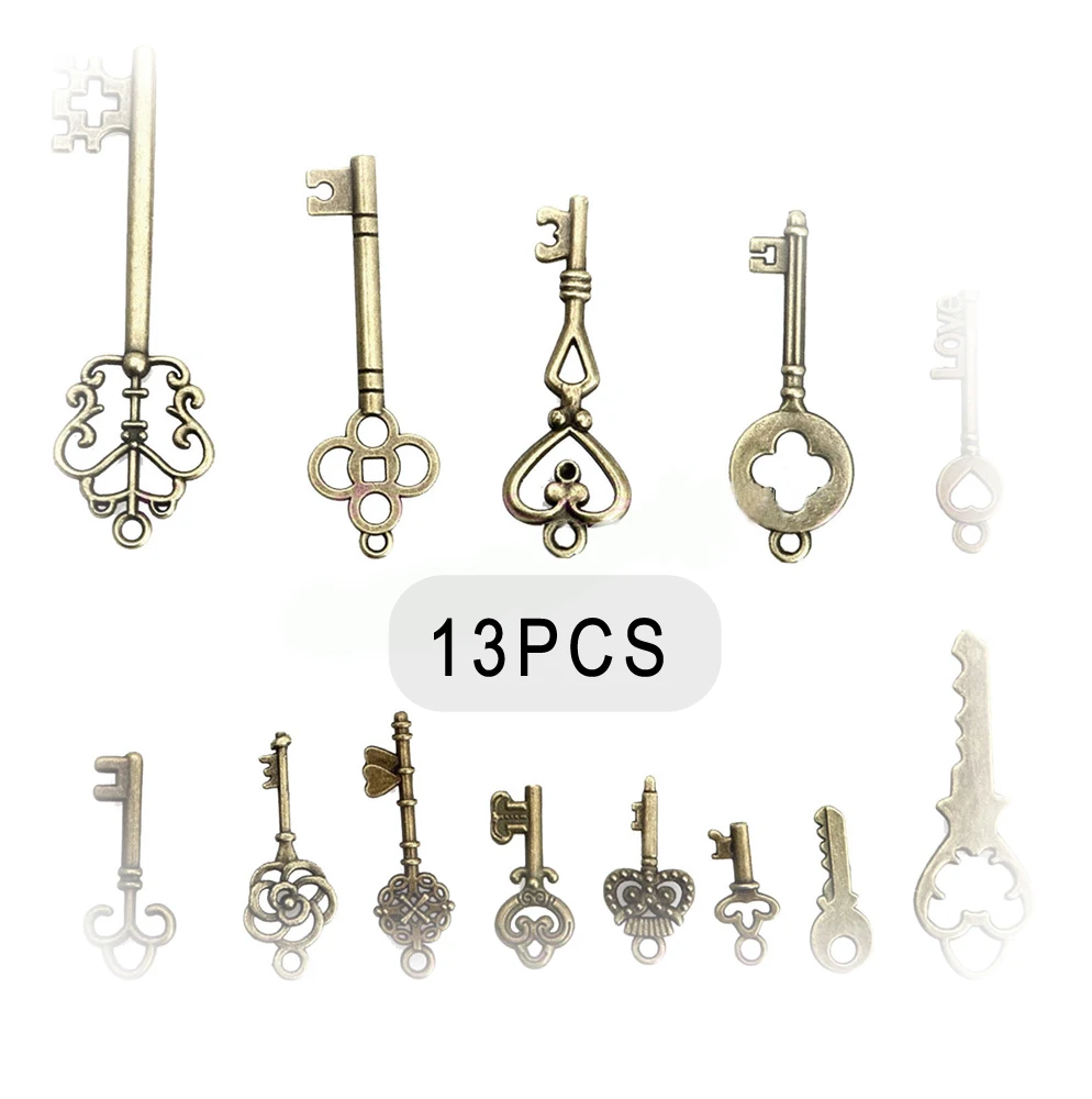 13pcs Vintage Antique Old Brass Skeleton Alloy Keys Lot Cabinet Barrel Lock Hand Sanitzer Holder Key Chain Home Decor 5