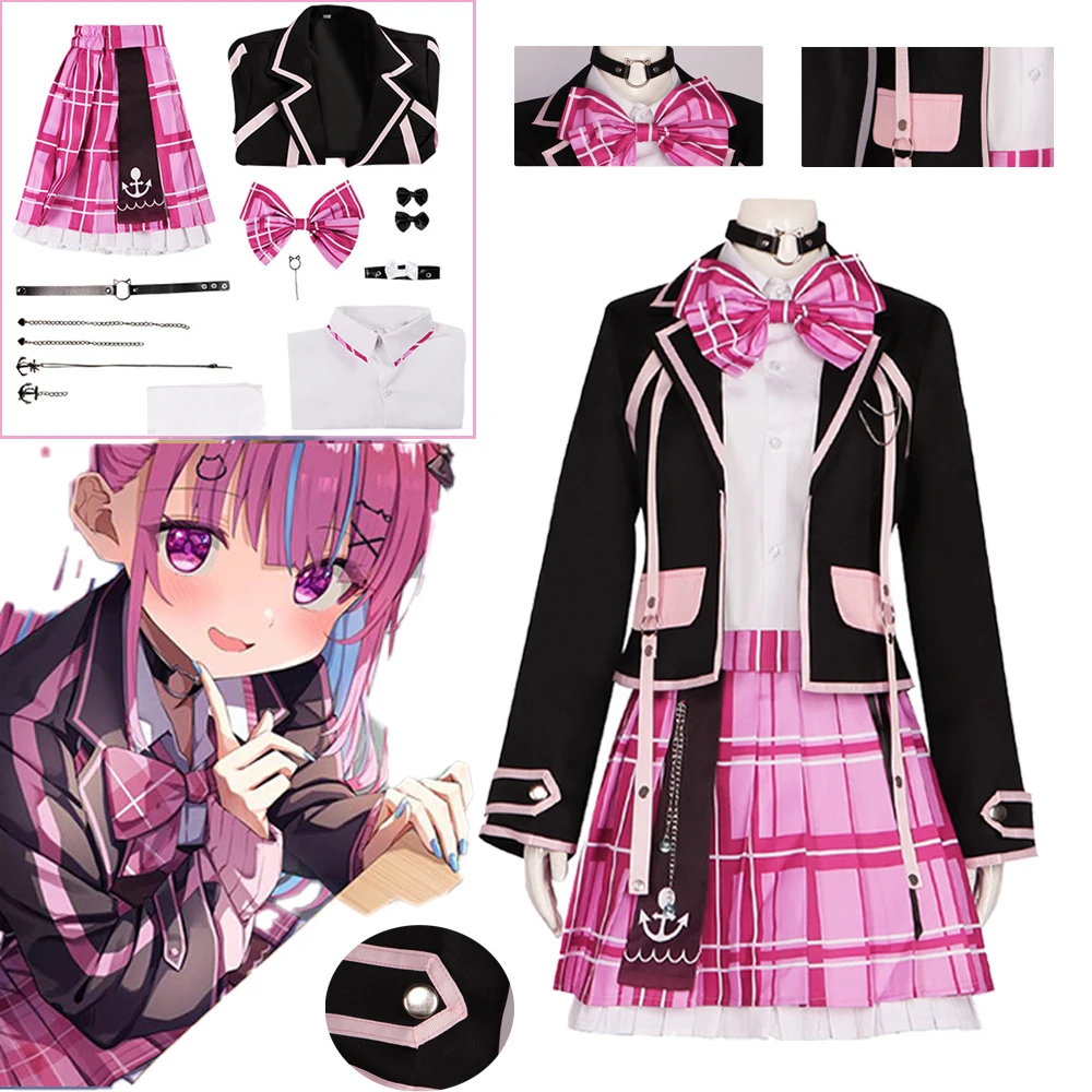 

Virtual Anchor YouTuber Cosplay Costume Comic-Con Party Halloween Carnival Women Outfi Pink Bow Pleated Skirt Set Uiform Acces