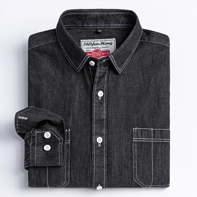 Classic Cotton Long-Sleeve Denim Pocket Design Shirt Fashion Embroider Comfortable Clothes