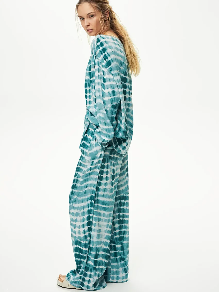 Marthaqiqi Loose Printing Ladies Sleepwear 2 Piece Set O-Neck Pajama Long Sleeve Nightwear Wide Leg Pants Casual Nightgowns Suit