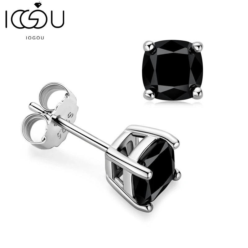 

IOGOU 6x6mm(1.0ct) 925 Sterling Silver 18K Gold Plated Cushion Cut D Color Grade Black Moissanite Stud Earrings Women Men Gift