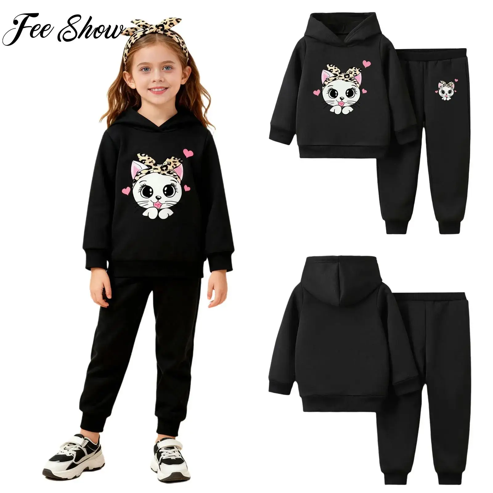 여아용 2피스 고양이 프린트 플리스 안감 스포츠 의상 트랙수트 캐주얼 따뜻하고..
