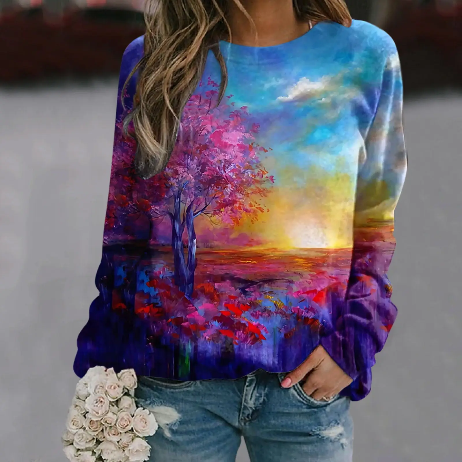 Women\'s casual hoodie landscape printed long sleeved sports shirt loose coat elegant autumn hoodie popular hoodie round neck
