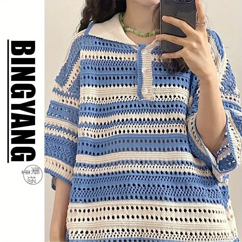 

023 New Arrival Summer Women Loose Fit Casual Short Sleeve Button Up Collar Pullover European Style Striped Knitted Sweater D427