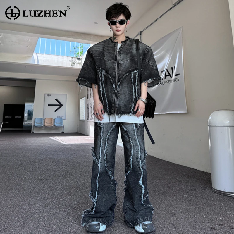 

LUZHEN Splicing Burr Wornout Design Fashion Denim Jackets Two-piece Sets Personality Trendy Street Men's Straight Jeans LZ3414