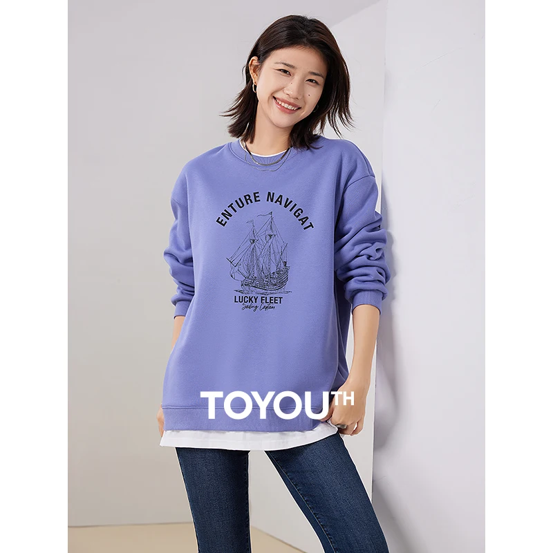 

Toyouth Women Fake Two Piece Plush Sweatshirt 2023 Winter Long Sleeve O Neck Loose Hoodies Letter Sailboat Print Warm Pullover