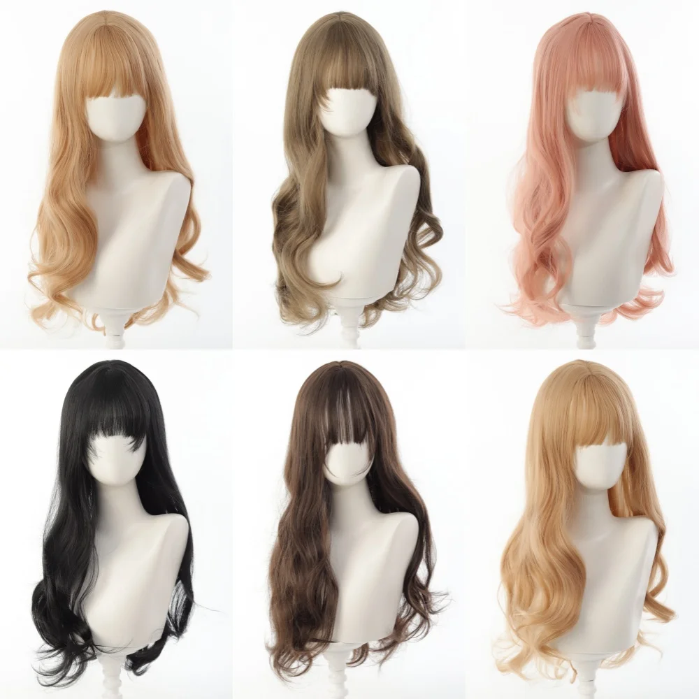 Blonde Synthetic Wigs for Women with Bangs and Natural Wave
