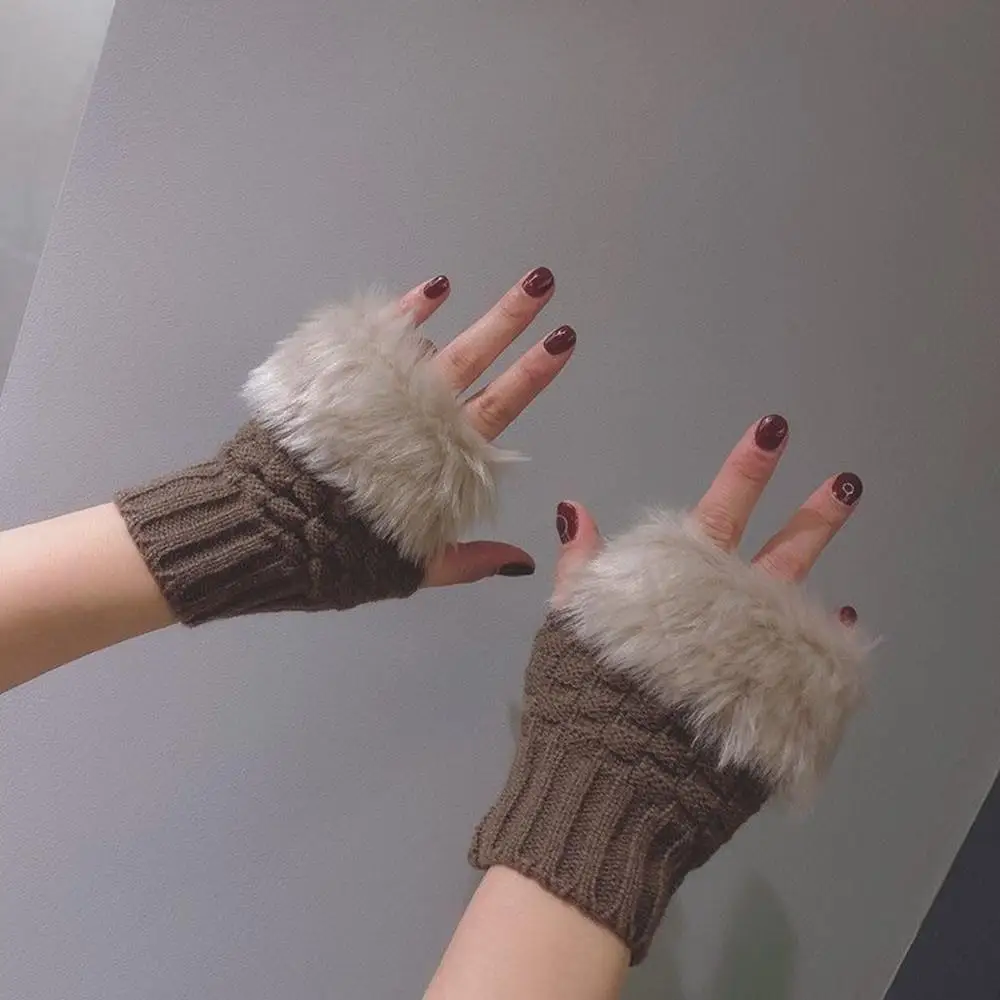 Winter Plush Knitted Gloves Women's Half Finger Touchscreen Gloves Y2K Faux Fur Arm Wrist Gloves Solid Color Soft Furry Mittens