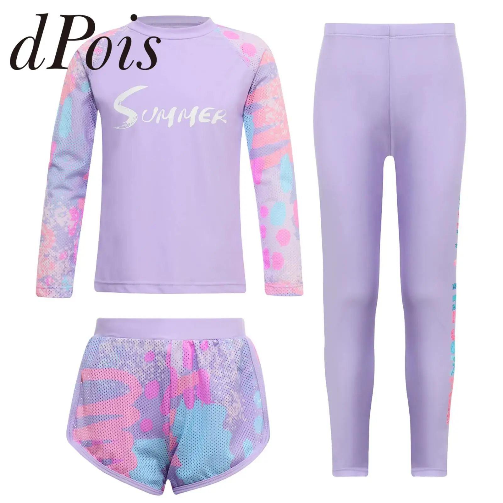 Kids Girls 3Pcs Swimsuit Rash Guard Sunsuit Outfit Long Sleeve Floral Tops Shorts And Legging Sun Protection Pool Swimwear Set