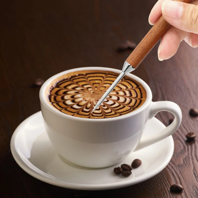 Stainless Steel Coffee Latte Art Pen Stainless Steel Spice Cappuccino Pull Needle Wooden Carving Hook for Floral Design