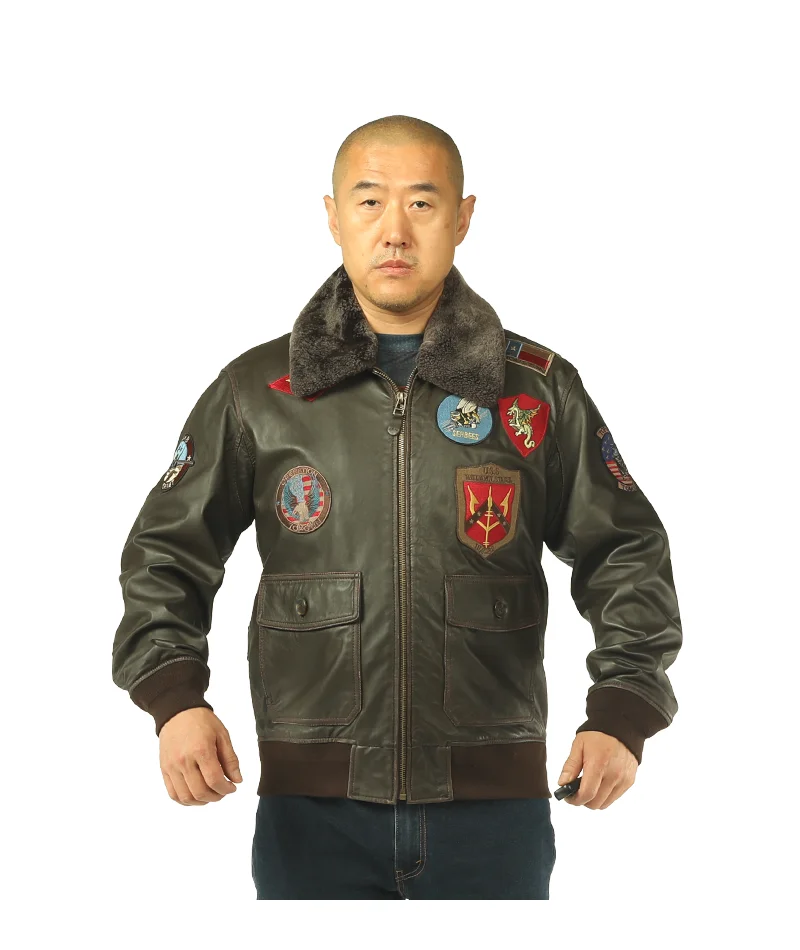 シープスキンレザージャケットG-1タイプボア取り外し可能 サイズL 男性用シープスキンレザージャケット,取り外し可能な毛皮の襟,刺